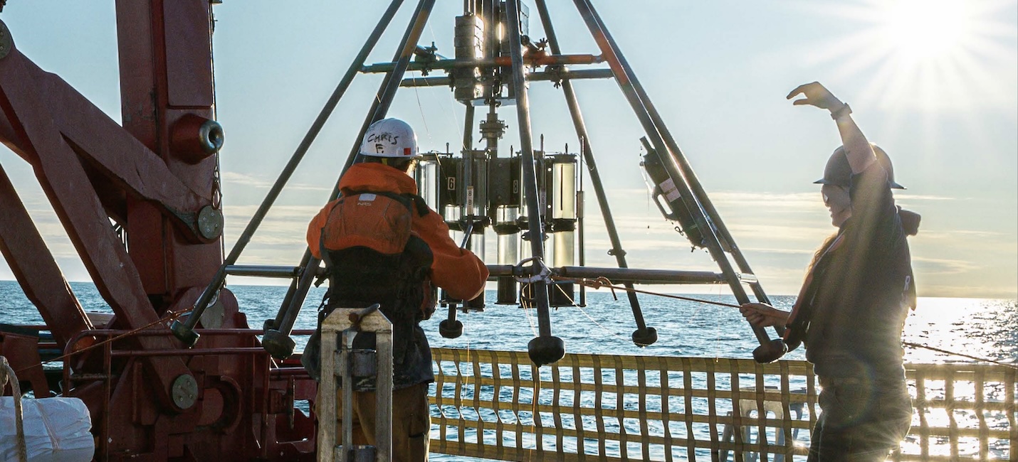 Arctic Multicorer recovery A multicorer is recovered during a co-chief scientist training
course aboard R/V Sikuliaq in 2023. Photo Credit: Lloyd Pikok Jr.